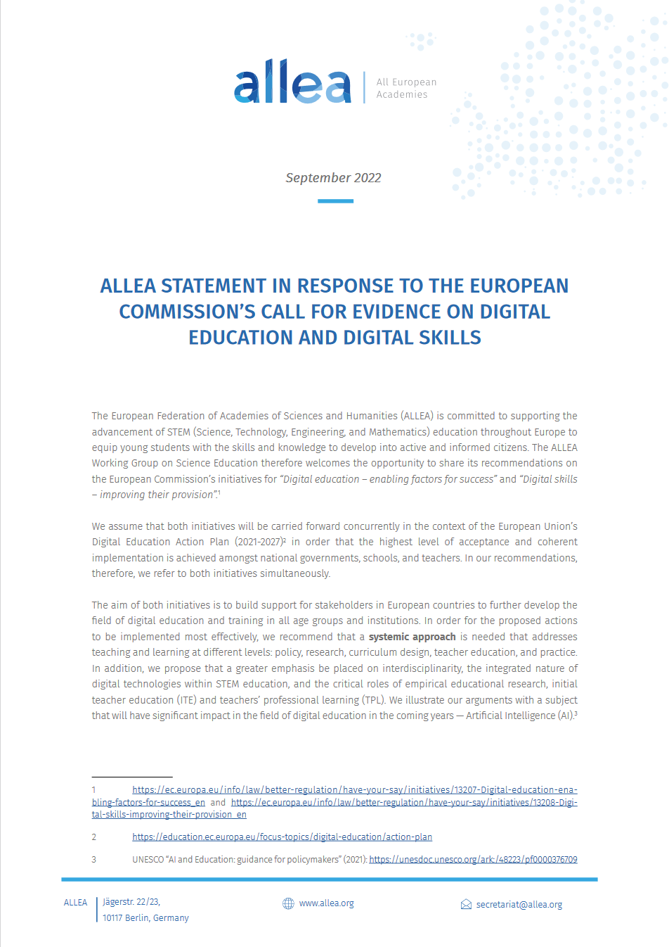 ALLEA Statement in Response to the European Commission’s Call for Evidence on Digital Education and Digital Skills